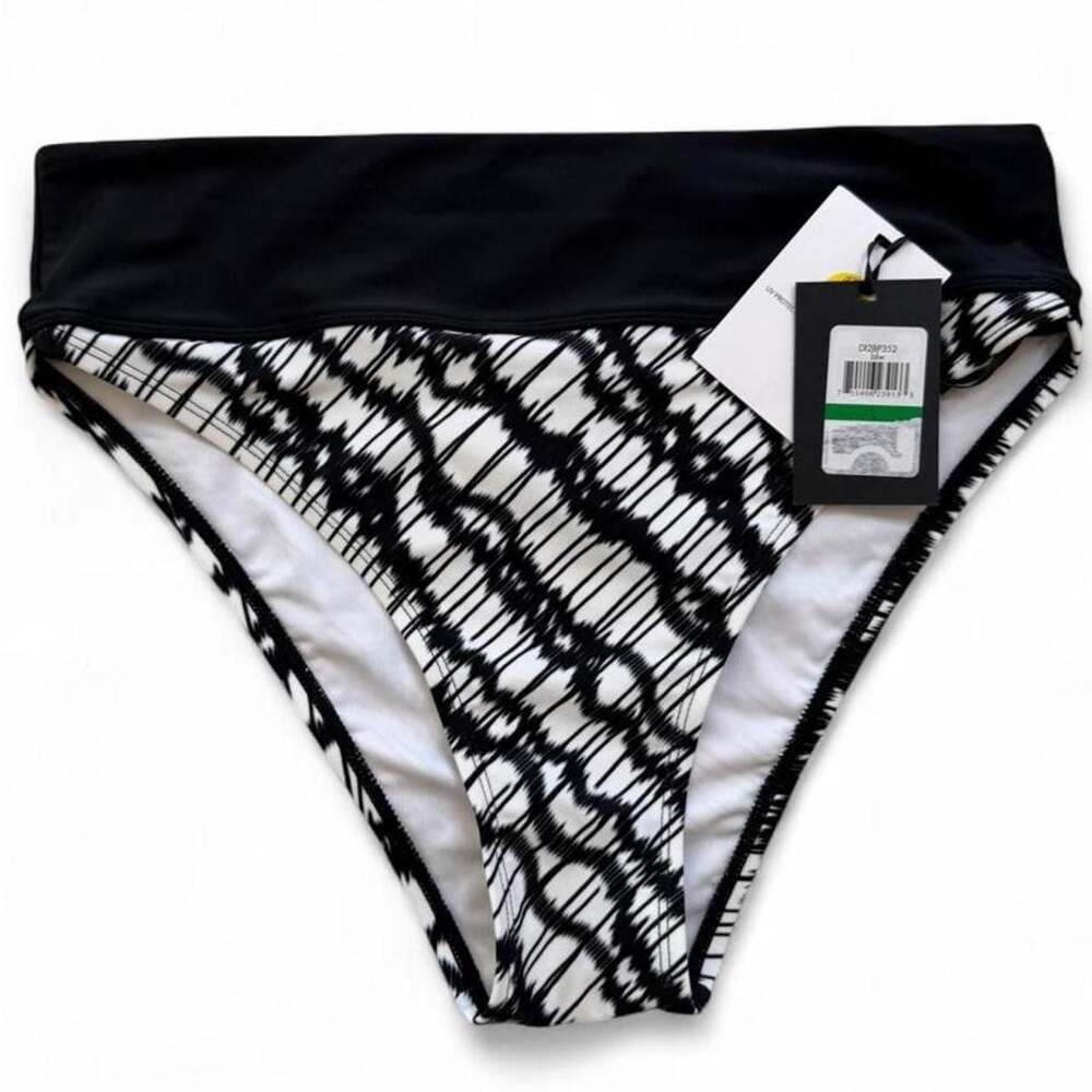 DKNY Black And White Abstract Wavy Line Bikini Bottoms